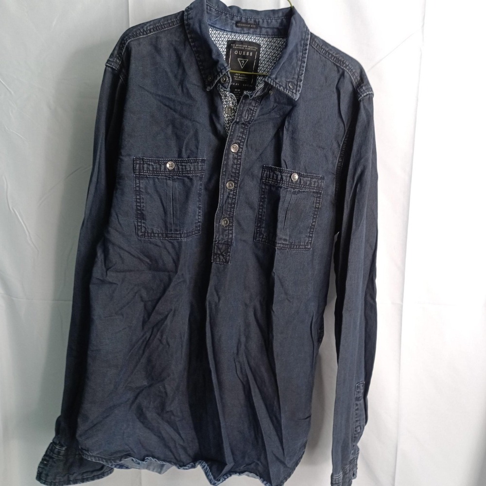 Guess Mens M Regular Fit Dark Denim Chambray Long Sleeve Half Button Popover